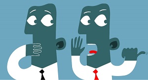 cartoon graphic of one man whispering in the ear of another